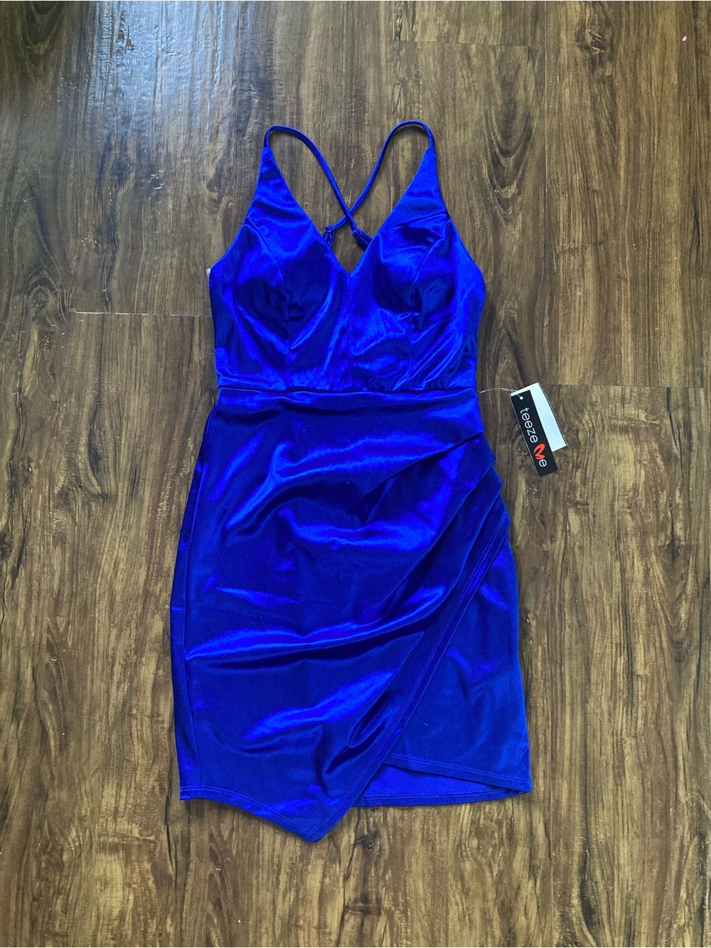 Royal Blue Satin Wrap-Front Bodycon Dress Size 3/4